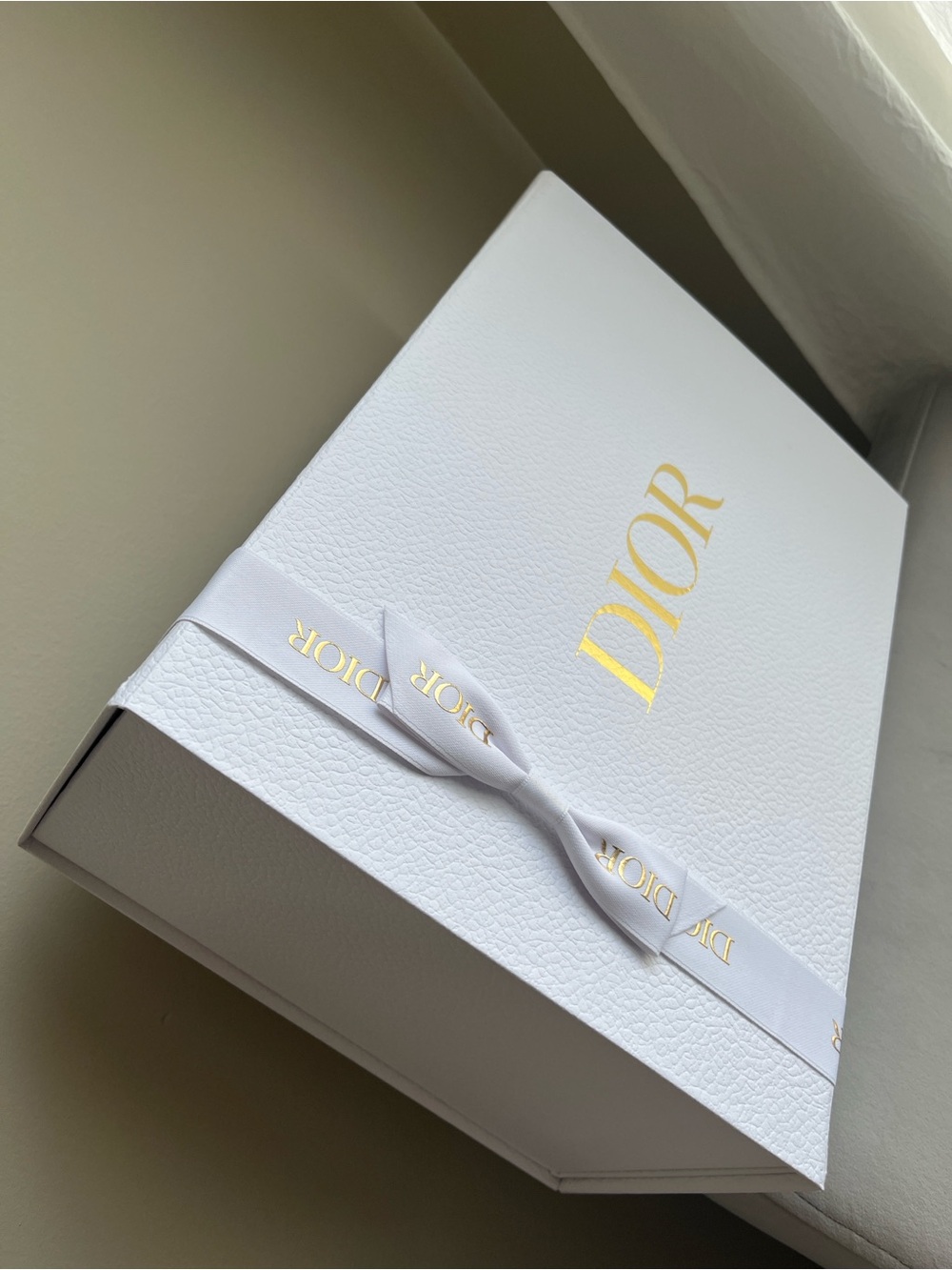 Dior White Box with Gold Logo and Ribbon and large shopping bag